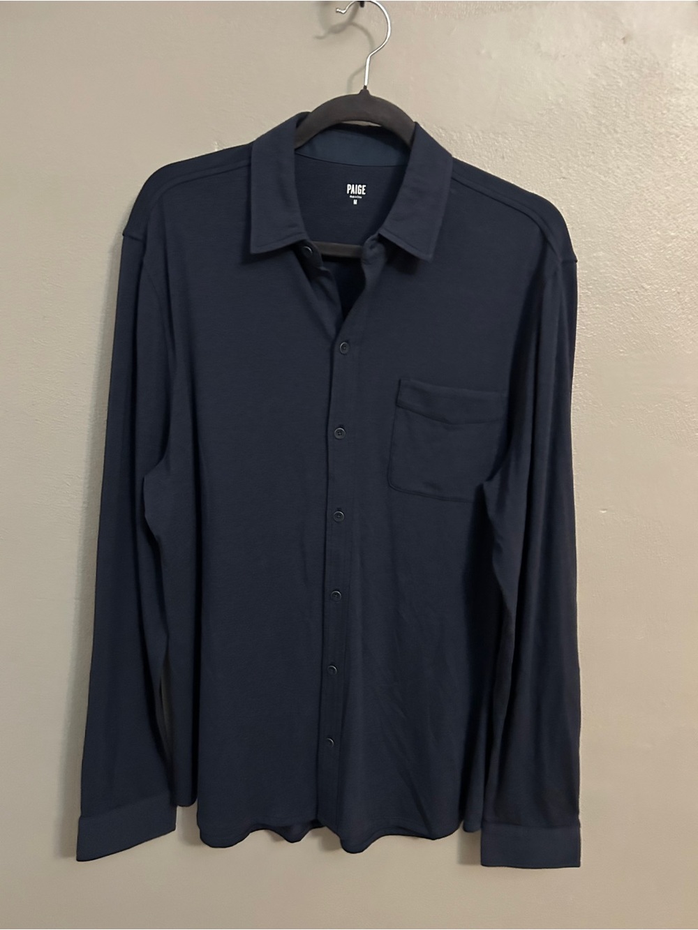 PAIGE Knit Button Down Shirt Men’s M Navy Long Sleeve Stretch Minimalist
